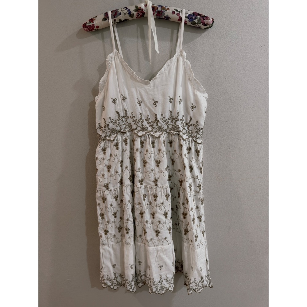 Jessica Simpson White Embroidered Boho Tiered Mini Dress Smocked Back Large